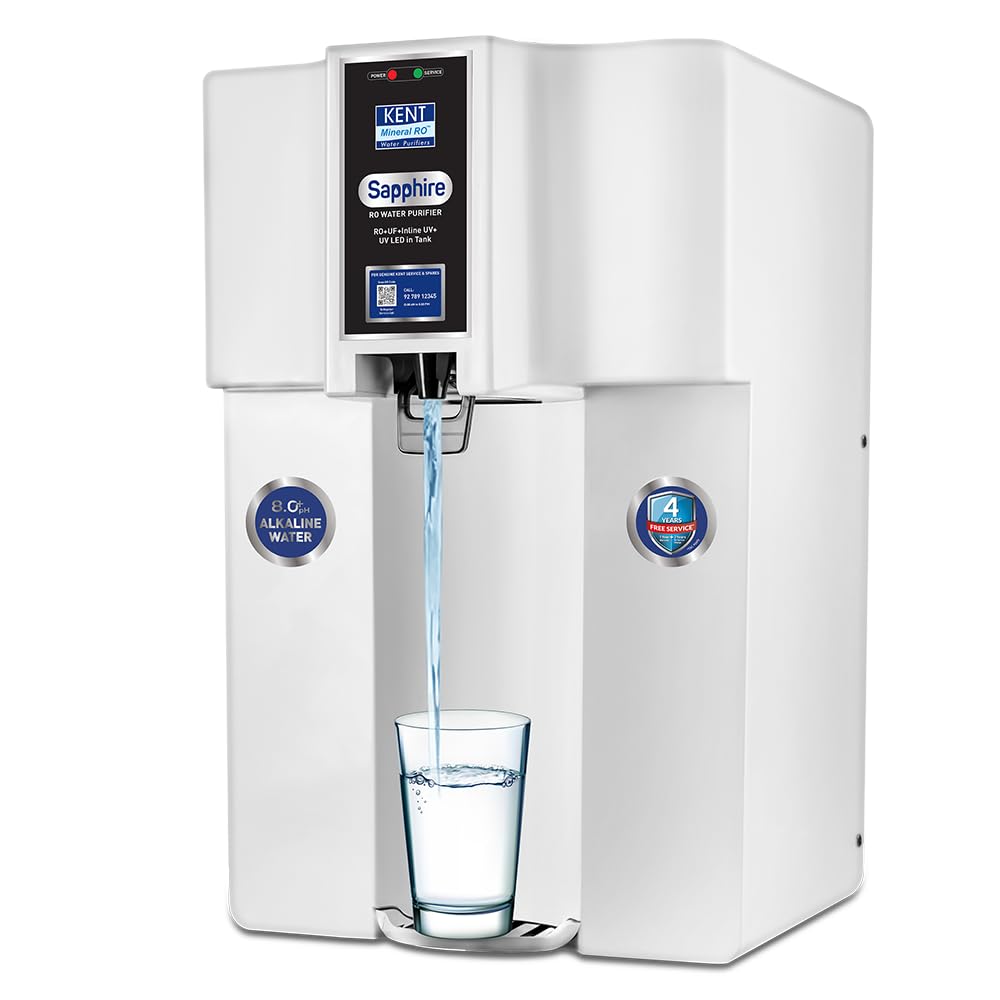 KENT Sapphire RO Water Purifier|RO+UF+Inline UV+Alkaline+TDS Control+UV LED in Tank | Fully Automatic On & OFF Operation|.0001 Micron RO Membrane|20 LPH| 8L