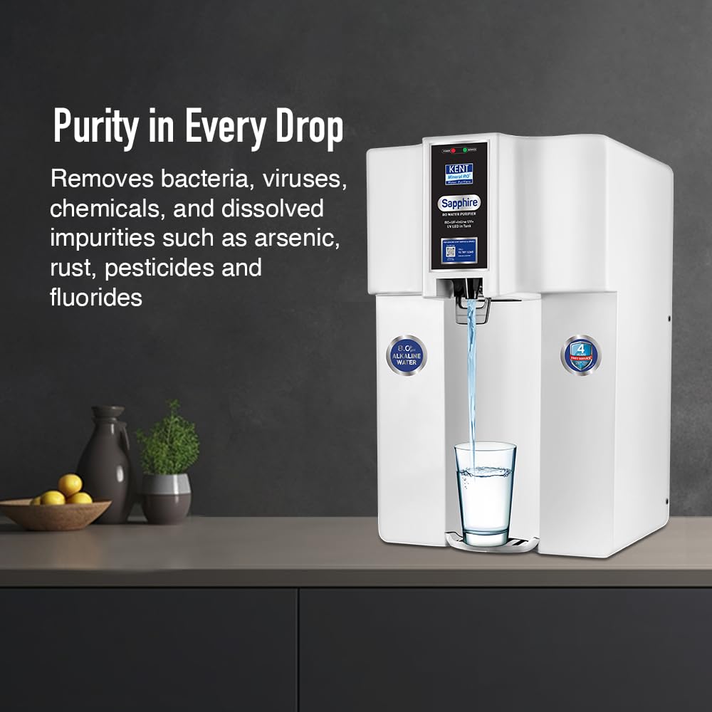 KENT Sapphire RO Water Purifier|RO+UF+Inline UV+Alkaline+TDS Control+UV LED in Tank | Fully Automatic On & OFF Operation|.0001 Micron RO Membrane|20 LPH| 8L