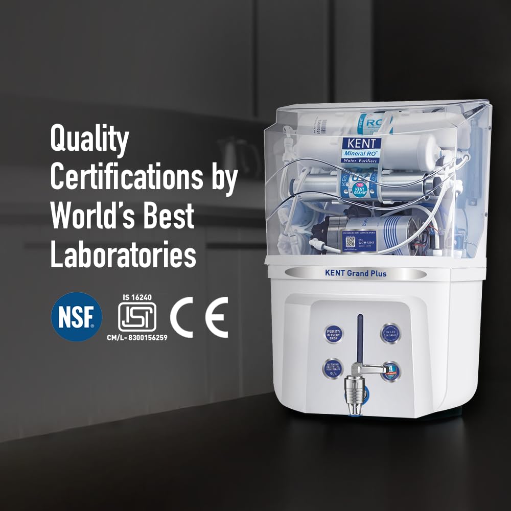 KENT Grand Plus RO Water Purifier | 4 Years Free Service | ISI Marked | Multiple Purification Process | RO + UV + UF + TDS Control + UV LED Tank | 9L Tank | 20 LPH Flow | Zero Water