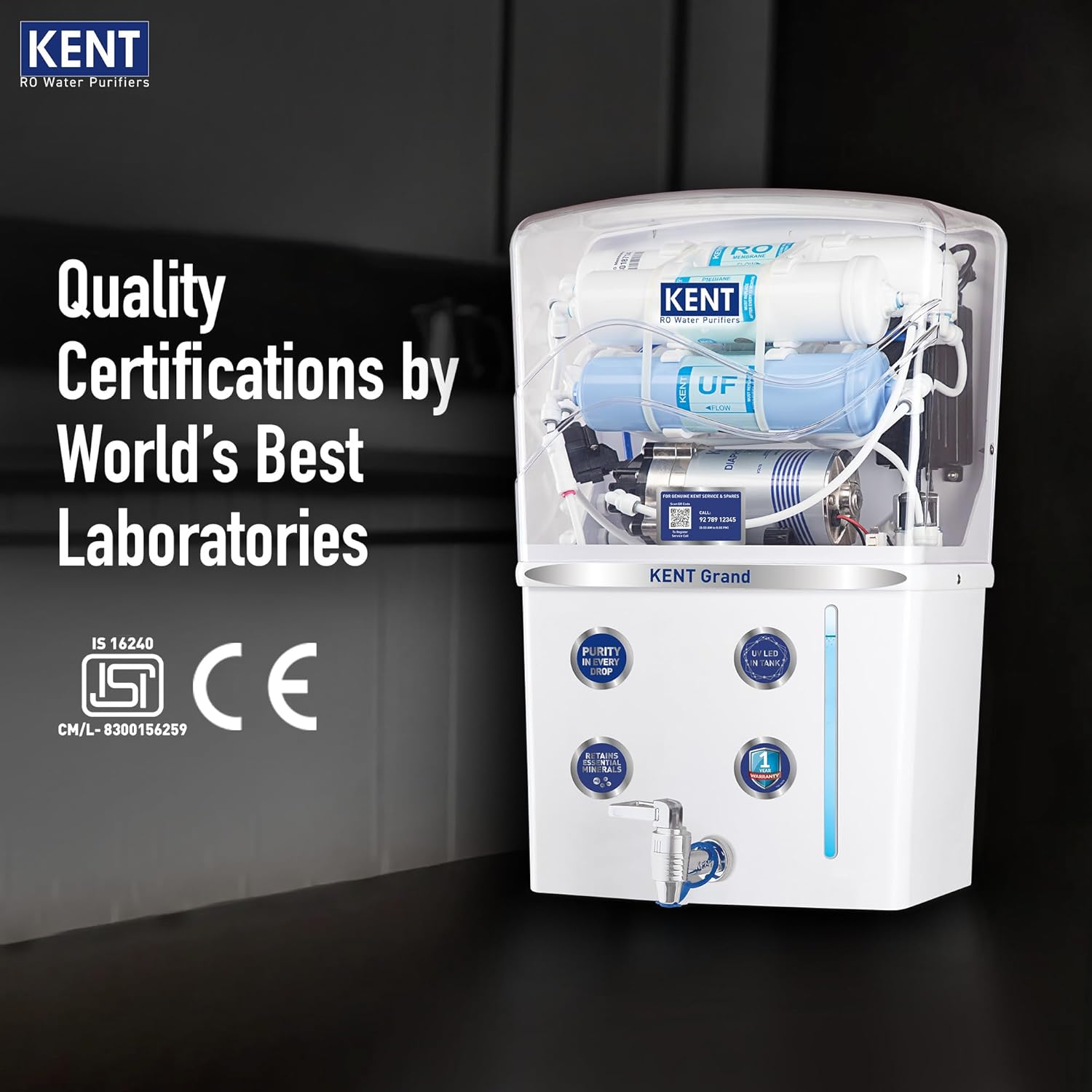 KENT Grand RO Water Purifier | Advanced RO Tech for Sabse Shudh Paani | RO+UF+TDS Control + UV LED Tank | 8L | 20LPH Flow | Ideal for Borewell/Tanker/Municipal Water
