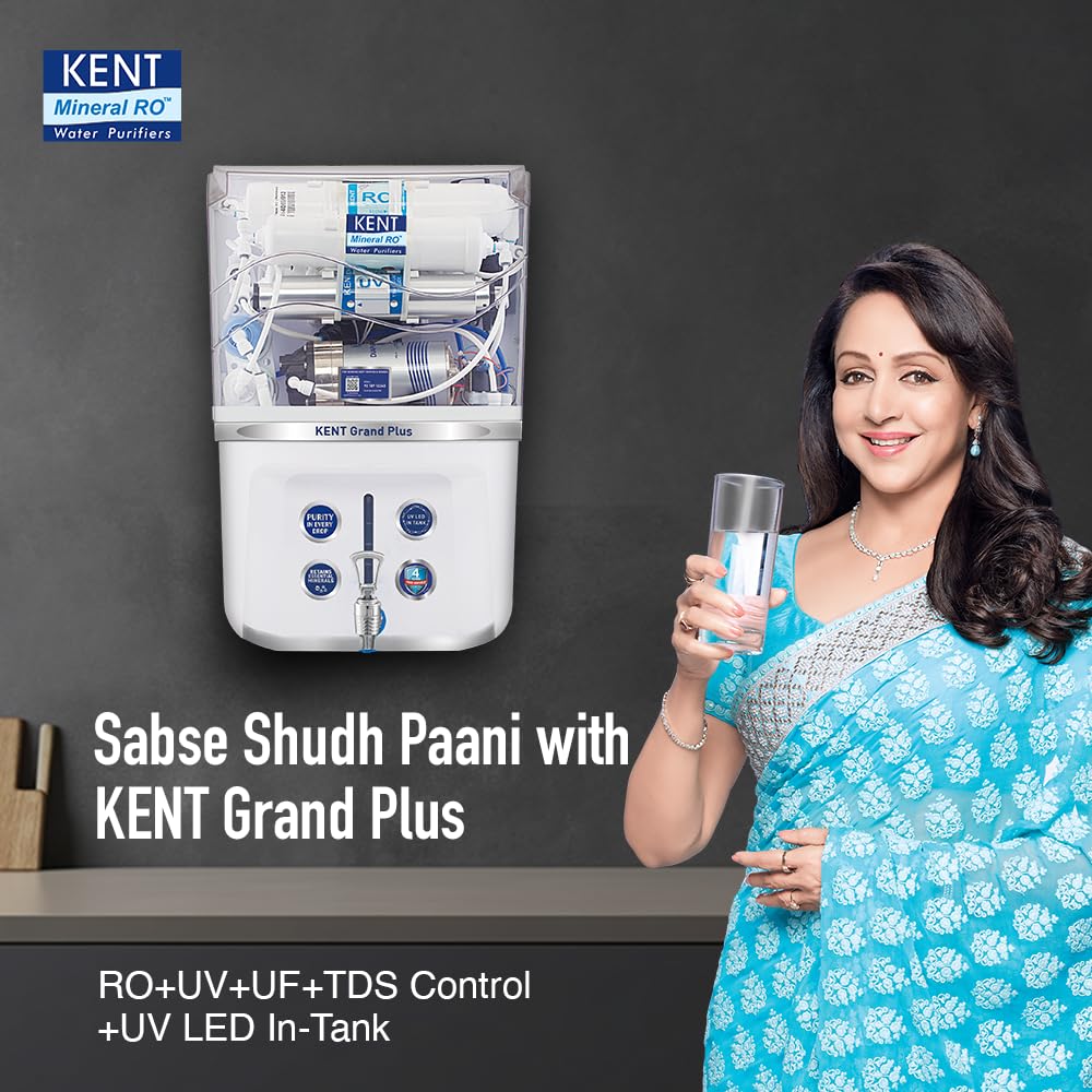 KENT Grand Plus RO Water Purifier | 4 Years Free Service | ISI Marked | Multiple Purification Process | RO + UV + UF + TDS Control + UV LED Tank | 9L Tank | 20 LPH Flow | Zero Water