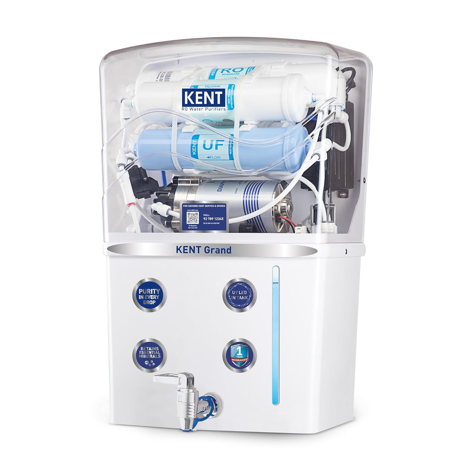 KENT Grand RO Water Purifier | Advanced RO Tech for Sabse Shudh Paani | RO+UF+TDS Control + UV LED Tank | 8L | 20LPH Flow | Ideal for Borewell/Tanker/Municipal Water