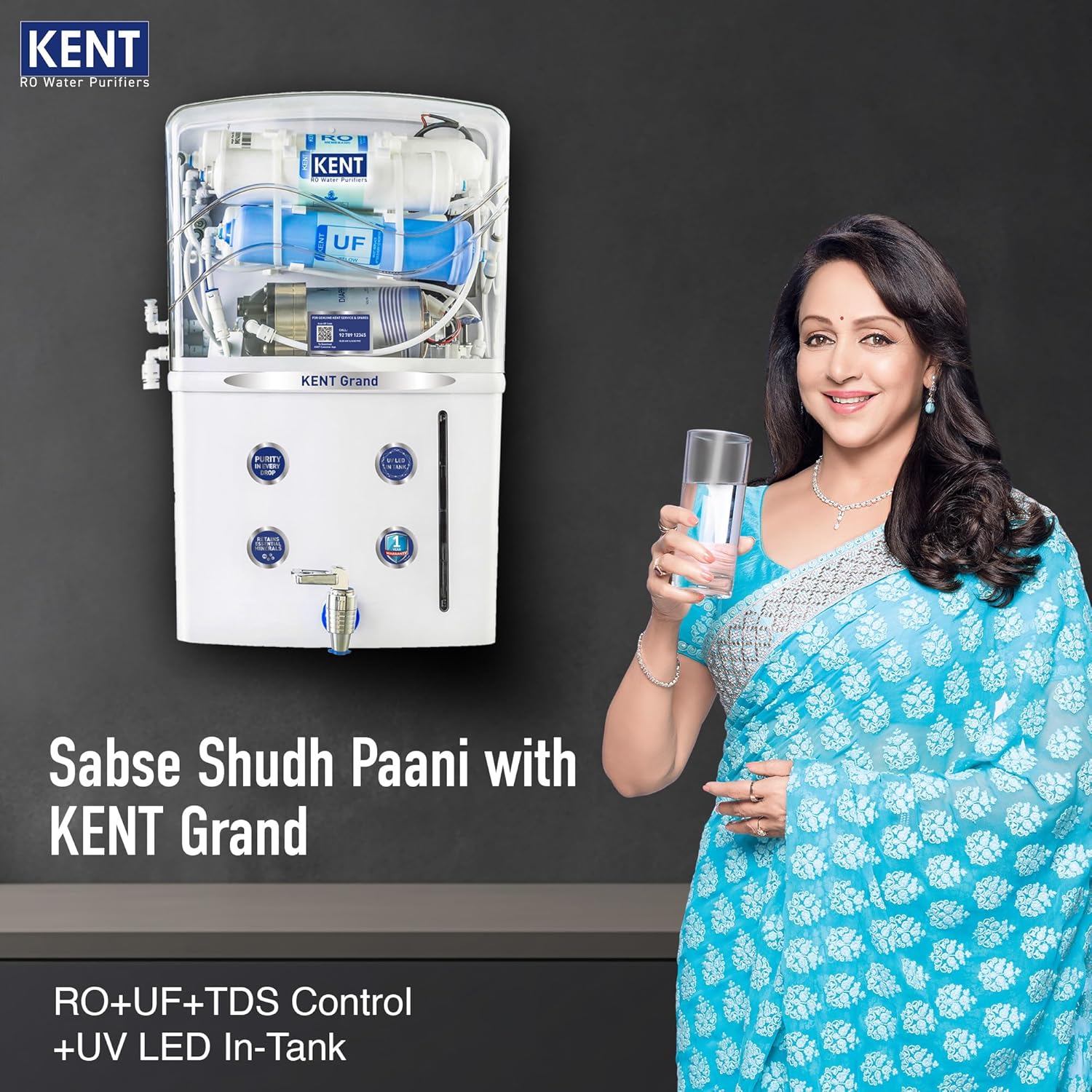KENT Grand RO Water Purifier | Advanced RO Tech for Sabse Shudh Paani | RO+UF+TDS Control + UV LED Tank | 8L | 20LPH Flow | Ideal for Borewell/Tanker/Municipal Water